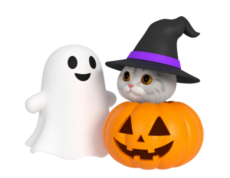 Kitten in Witch Hat and Cloak with Friendly Halloween Ghost PNG