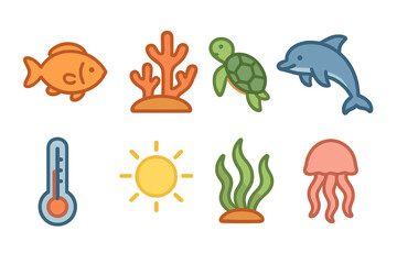 Naklejka premium Marine Temperature Icons. Flat vector mini-illustrations Ocean wildlife temperature changes in colors children