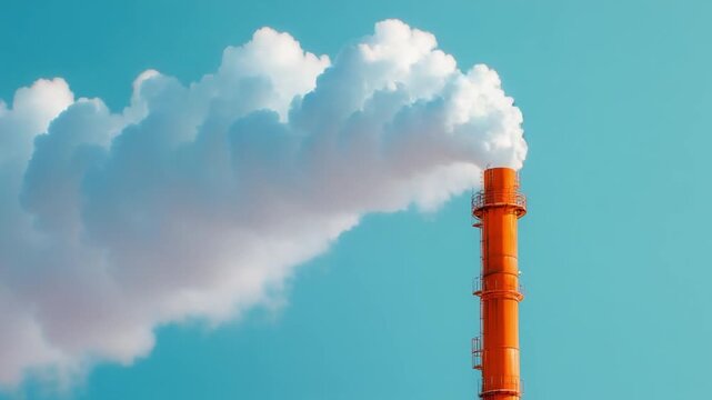 Industrial chimney emitting smoke pollution into blue sky, 4K high resolution video, suitable for environment awareness, climate change events, and industrial campaigns.