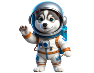 Happy 3D Husky Puppy Astronaut Floating in Space PNG