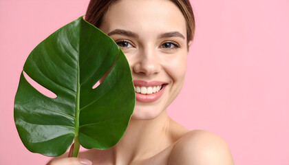Woman with Monstera leaf, and pink background.