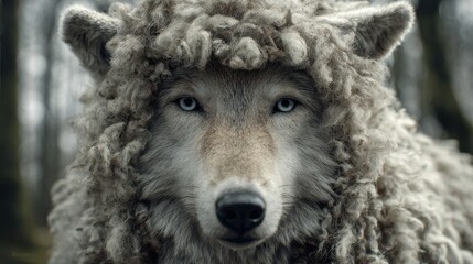 Wolf in Sheep's Clothing: A portrait of a wolf with striking blue eyes, cloaked in thick, wool-like material in an blurred forest backdrop.