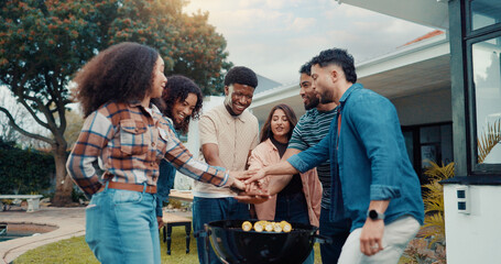 Group, people and hands stack for bbq outdoor of celebration, summer holiday and bonding, Happy, friends and party with barbecue food on grill at house for social gathering, reunion and cookout event