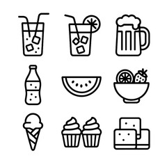 Summer BBQ Icons. Outline icon set of barbecue drinks and desserts: lemonade, iced tea, beer, soda, watermelon, fruit salad, ice
