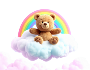 Joyful Rainbow Teddy Bear Flying on Fluffy Cloud PNG