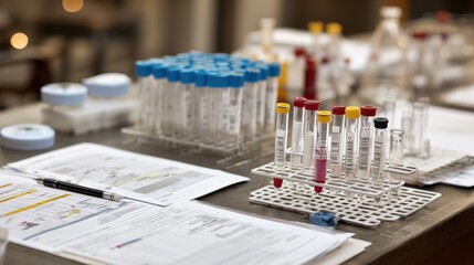 Close-up of a laboratory table with multiple test tubes filled with colorful liquids, organized in racks. Nearby are medical forms and pens, creating a professional setting for clinical analysis 