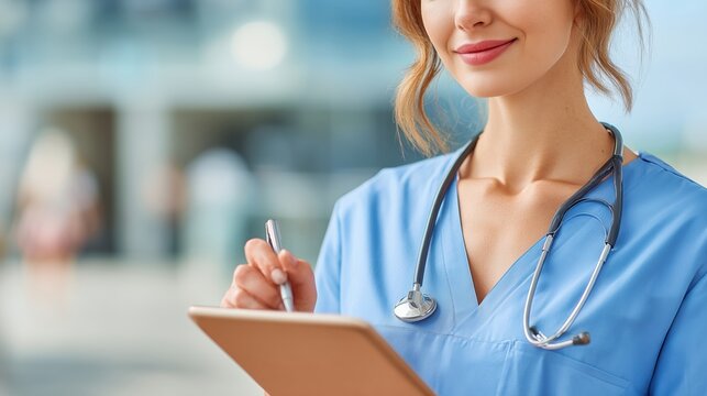 Healthcare professional in blue uniform with stethoscope using a digital tablet in a bright hospital environment. Concept of modern medicine, digital health records, and patient care technology.