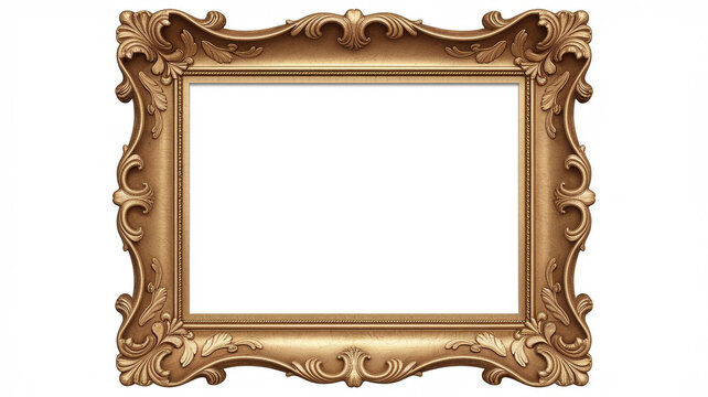 An elegant, ornate, vintage gold frame with intricate carvings and a blank white center, perfect for adding a picture or design