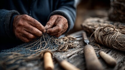 Rustic fishing nets close-up of skillful craftsmanship and artisan techniques