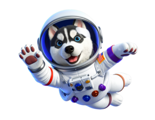 3D Husky Puppy Astronaut Standing on Moon and Waving PNG