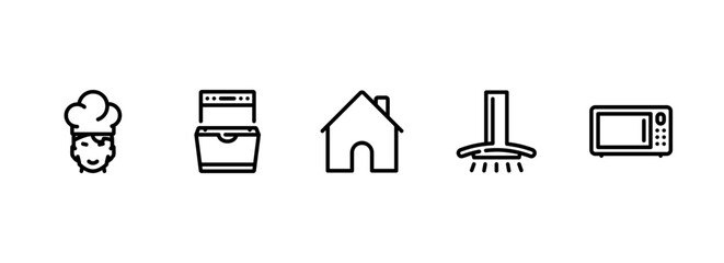 A collection of line art icons for home cooking and kitchen appliances