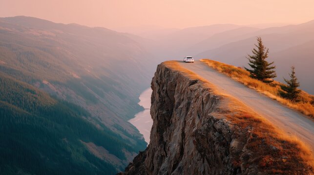 Car driving along a narrow mountain road with dramatic cliffs and a breathtaking valley view at sunset, showcasing scenic beauty and adventure travel.