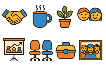 Office Friendships Icons. Flat vector mini-illustrations Friendship in the workplace in colors children's