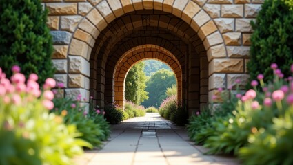 A paved walkway under an arched stone passageway leads to a verdant landscape beyond.