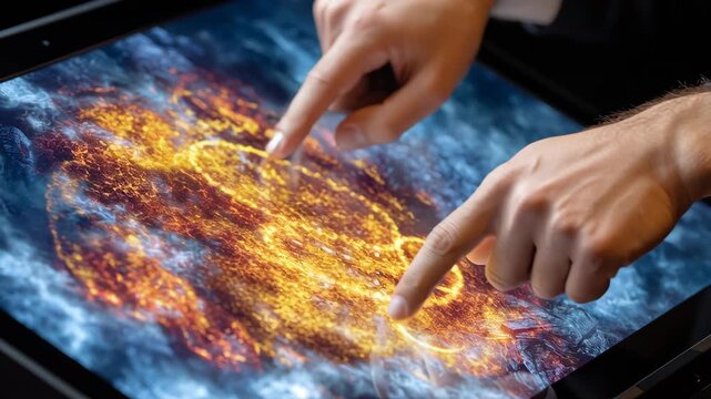 Close-Up of Hands Interacting with a Vibrant Digital Display Featuring Fiery Textures and Luminous Patterns