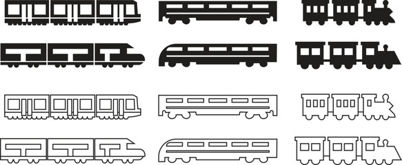 Train icons set in flat and line styles. Collection and group of travel elements including railway transport, subway, metro, underground signs, public tram pictogram, railway carriage and locomotive s