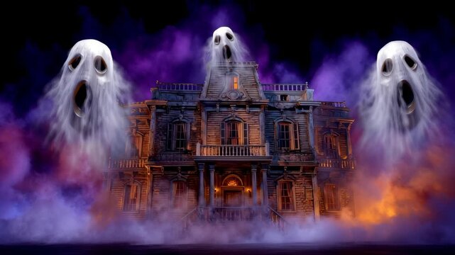 Eerie Haunted Mansion Surrounded by Ghostly Apparitions and Colorful Fog