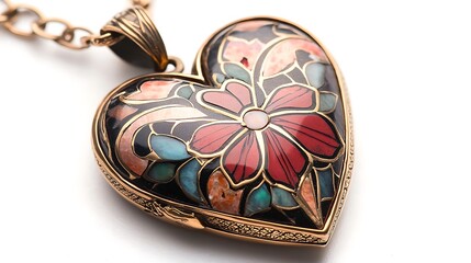 Vintage heart-shaped locket with colorful floral cloisonn? enamel design on a white background.