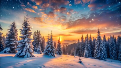 Majestic Winter Forest Landscape at Sunset with Snow Covered Trees and Colorful Sky