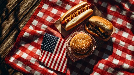 Summer Picnic with Hamburger, Hot Dog, and American Flag Napkin