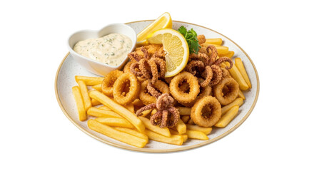 Isolated Fried Calamari with French Fries
