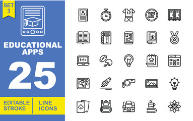 Educational apps set of web icons in line style. A collection of linear icons representing key educational apps concepts, including student profiles, academic resources, and more. Editable stroke