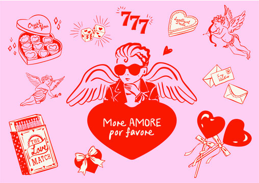 Whimsical Valentines Day doodles, Rebel Cupid boy, Hand drawn minimal line art Galentines Day illustrations for invitations, T-shirts and web icons