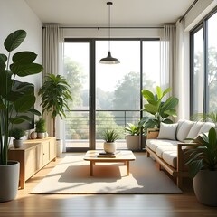 Modern Sustainable Living Room with Wooden Furniture and Large Indoor Plants – Bright Eco Interior Design