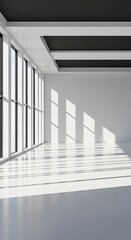 Obraz premium Empty modern office space with large windows and sunlight