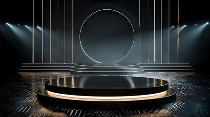 Multi - layer glowing circular platform background, dark industrial geometric walls, for high - end product launches & tech events