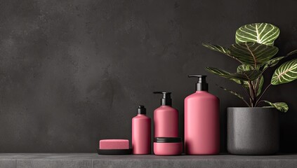 Pink cosmetic bottles on dark gray countertop with plant; product presentation