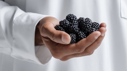Close up of chef hand presenting ripe blackberries, showcasing the quality of ingredients used in gourmet cuisine © VictorCanalesStudio