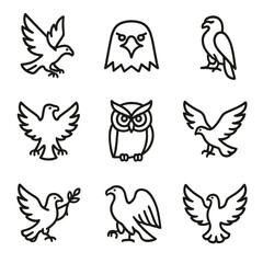Bird Symbolism Icons. Outline icon set of big bird symbolism: freedom, strength, vigilance, nobility, wisdom, power, peace, grace,