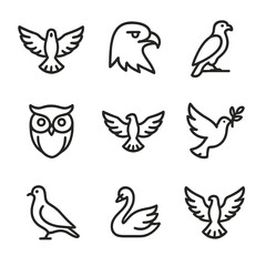 Fototapeta premium Bird Symbolism Icons. Outline icon set of big bird symbolism: freedom, strength, vigilance, nobility, wisdom, power, peace, grace,