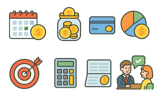 Retirement Savings Icons. Flat vector mini-illustrations Saving strategies for retirement in colors children's