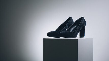 Fashion shoes displayed on minimalist pedestal, studio lighting, f/8.0, clean product showcase with soft shadow --ar 16:9 --v 7.0 --style raw --c 20 --s 20