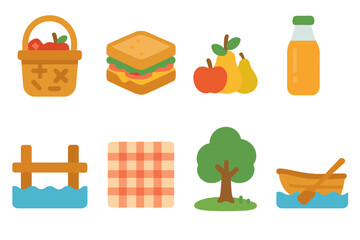 Riverside Picnic Fun. Flat vector mini-illustrations riverside picnic activities in colors children's