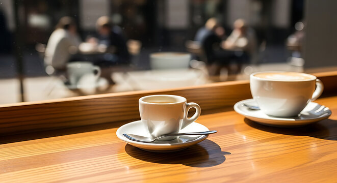 Freshly brewed coffee cups on a wooden counter at an outdoor urban cafe for morning break and social lifestyle concept
