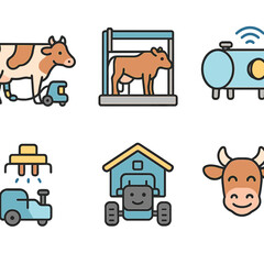 Robotic Milking Icons. Flat vector mini-illustrations robotic milking systems in colors children's