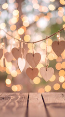 Wooden hearts bokeh background.