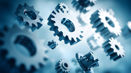 Abstract floating gears on a gradient backdrop, symbolizing innovation and mechanics.