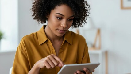 Focused young african american woman in a mustard yellow shirt using a tablet in a bright modern office setting - Powered by Adobe