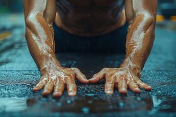 Powerful male athlete's wet hands and muscular forearms gripping a slick, dark surface during an intense rainy outdoor workout, symbolizing strength, perseverance, and dedication in fitness training.
