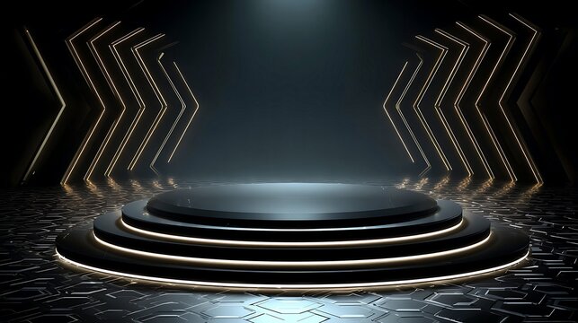 Multi - layer glowing circular platform background, dark industrial geometric walls, for high - end product launches & tech events