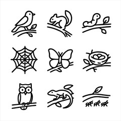 Fototapeta premium Branch Animal Icons. Outline icon set of branch animals: bird on branch, squirrel climbing, caterpillar on branch, spider web,
