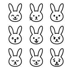 Fototapeta premium Bunny Expression Icons. Outline icon set of bunny expressions: happy bunny, curious bunny, sleepy bunny, surprised bunny, playful