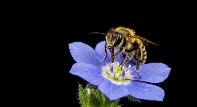 Close-up bee pollinating a blue flower, black background - Powered by Adobe