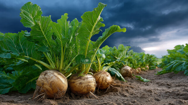 Sugar beets growing under a stormy sky with gentle light