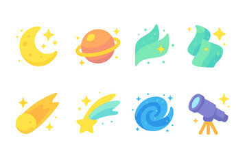 Celestial Icons Grid. Flat vector mini-illustrations shiny celestial in colors children's illustrations: glowing moon, shiny