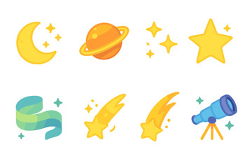 Celestial Icons Grid. Flat vector mini-illustrations shiny celestial in colors children's illustrations: glowing moon, shiny